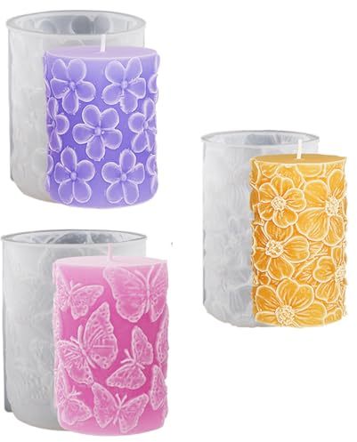 Bekecidi 3 Stück Kerzenformen für Kerzenherstellung, Schmetterlingssäulenkerzen, Silikon-Epoxidharz-Formen, Blumen-Zylinder-Kerzenformen für die Herstellung von 3D-Kerzen, Seife, Aromatherapie, DIY