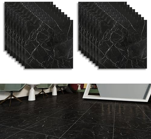24 Stück Bodenbeläge selbstklebende 30 x 30 cm, Wasserdicht Schneidbar Fliesenoptik Bodenfliesen, für Wohnzimmer, Küche (Schwarz)
