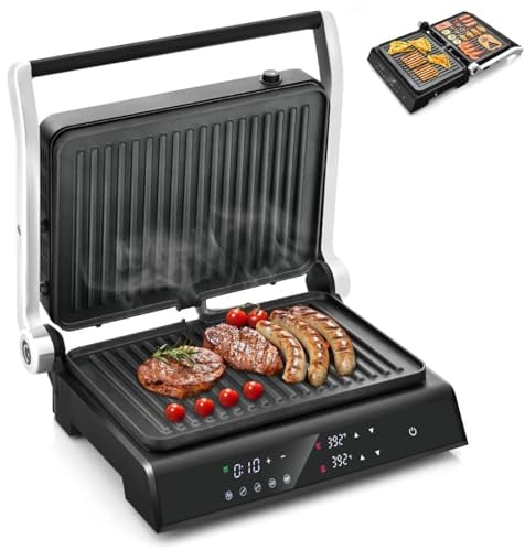 TANGZON Electric Fold-out Non-Stick Grill, LED Touch Gourmet Sandwich Maker Panini Press with 2 Detachable Plates & Adjustable Temperature, BBQ Griils Countertop Breakfast Hotplate (Glass Top)