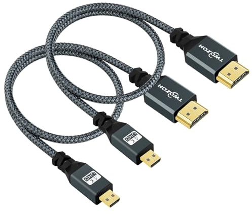 Twozoh Micro HDMI Kabel auf HDMI 2M 2 Stück, Nylon Geflochten HDMI Kabel A auf Micro HDMI D Unterstützt 3D 4K/60Hz 2.0 1080p für GoPro Hero7/8/9 Raspberry Pi 4