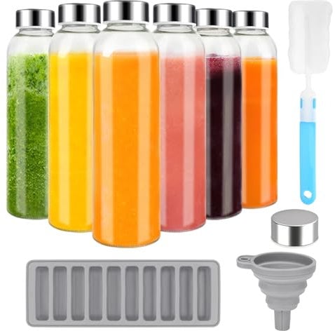 Zukro Glass Juice Bottles with Lids for Juicing 18 oz, Reusable Clear Glass Water Bottles with Stainless Steel Airtight Cap for Refrigerator, 100% Leak Proof Drinking Jar, BPA Free, Set of 6