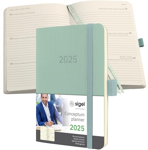 SIGEL C2539 Wochenplaner Wochenkalender 2025, ca. A6, grün, Softcover, 176 Seiten, Gummiband, Stiftschlaufe, Archivtasche, aus nachhaltigem Papier, Conceptum