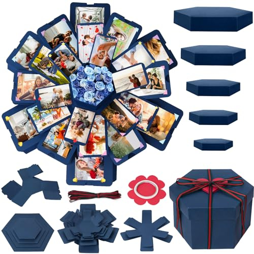 Koogel Explosion Geschenkbox, Blau Explodierendes Fotoalbum Überraschung Liebesbox mit DIY Scrapbooking Zubehör für Jahrestag, Geburtstag, Hochzeit