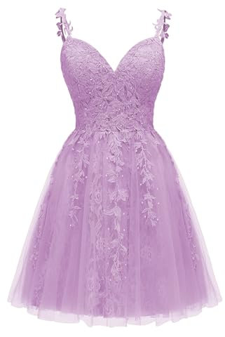 Vestido corto de tul con tirantes delgados para adolescentes, con apliques de encaje, vestido corto de graduación, acampanado, para fiesta, Lila, 24 Plus
