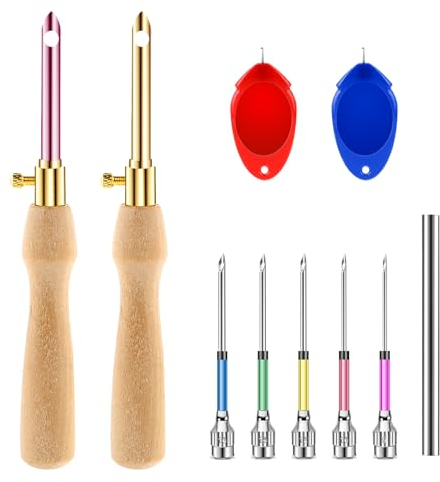 Prasacco 10 Stück Punch Needle Set, Stanznadel-Set Einstellbare Stanznadel Werkzeug 7 Größen Punch Needle Stanznadel mit Holzgriffen, Sticknadeln, Sticknadeln Anfänger für DIY Nähen Stickerei