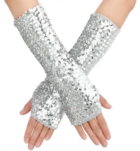 Yolev Glitzer Fingerlose Handschuhe Damen Pailletten Handschuhe Lange Quastenhandschuhe Fischschuppen Handschuhe Tanzhandschuhe für Abschlussball Karneval Halloween Partykleidung (Silber)