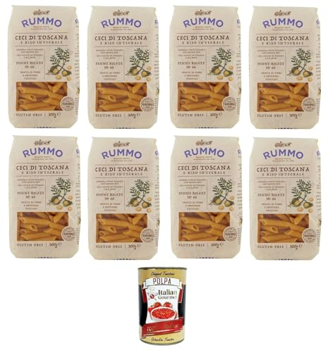 Italian Gourmet Pasta Penne Rigate N°66, glutenfreie Reisnudeln, 8 x 300g | Con ceci toscani e riso integrale, perfekte Konsistenz für Aufläufe, Gesamtnettogewicht 2,4 kg + Kostenlos Polpa 400g