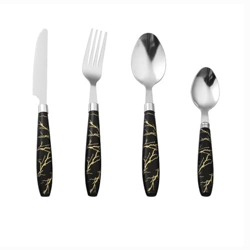 ABS Marble Handle Kitchen Stainless Steel Silverware Tableware Flatware Cutlery Set Steak Knife Fork Spoon Teaspoon (Black,4 Pieces)