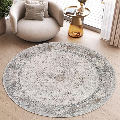 TAPISO Valley Rund Teppich Kurzflor Vintage Creme Weiß Grau 200 x 200 cm | Rahmen Design Used Effekt Meliert Verwischt Wohnzimmer Schlafzimmer OEKO-TEX