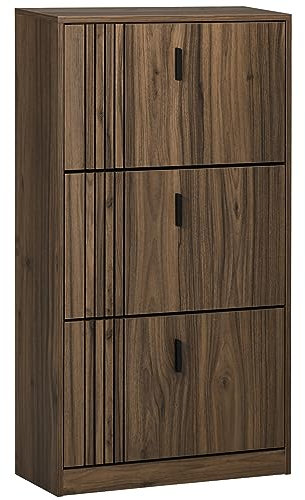 HOMCOM Meuble à Chaussures à 3 abattants, 18 Paires, Armoire à Chaussures 3 Compartiments, Grande capacité pour entrée, Couloir, Salon, 63 x 24 x 117 cm, Noyer foncé