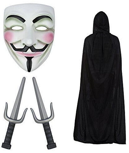 RockParty Anonymous Guy Fawkes Plot Ninja Mask, Knives & Cape Fancy Dress Halloween Set