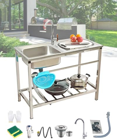 Fregadero Exterior Jardin Fregadero De Cocina Comercial Fregadero Industrial Acero Inoxidable Con Grifo Y Banco De Trabajo Fácil De Lavar Fregadero Utilitario Para Lavandería Restaurante(75x40xH75cm)