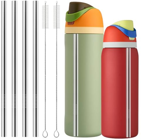 XZESH Metal Straw Replacement for Owala Water Bottle 24 oz 32 oz, With 2 Straw Cleaner, Reusable Stainless Steel Straws Compatible With Owala Water Bottle - 4pcs