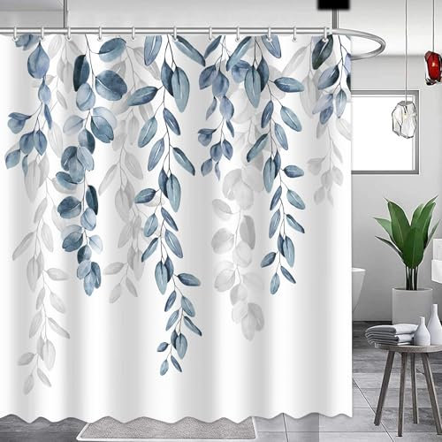 APROPHIC Cortina de Ducha de Hoja Eucalipto 180x180 cm, Cortinas de Ducha Azul Planta, Cortinas de Baño Impermeable Lavable Tejido de Poliéster Cortina Ducha con 12 Ganchos