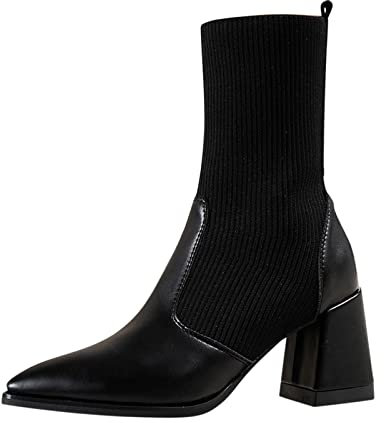 Stivali da donna e stivaletti invernali con zeppa tacco grosso tacco medio a punta scarpe in tessuto tinta unita stile casual stivali con pile, Nero , 37.5 EU