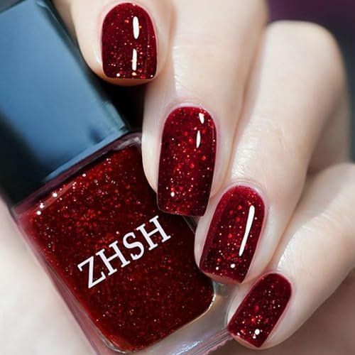 DMQ Red Glitter Nail Polish, Wine Red Nail Varnish, Burgundy Diamond Glitter Quick Dry Nail Gel, Long Lasting Chip Resistant Non-Toxic Nail Paint Gel For Women DIY Nail Art Manicure - No Need Bake