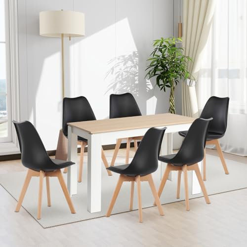 FURNITABLE Esstisch mit 6 Stühlen Esszimmergruppe, 6er Set Esszimmerstühle und 120CM Rechteckig Holztisch Essgruppe für Wohnzimmer Küche Büro (Eiche-Weiß Tischbein Tisch+6 Schwarz Stühle)