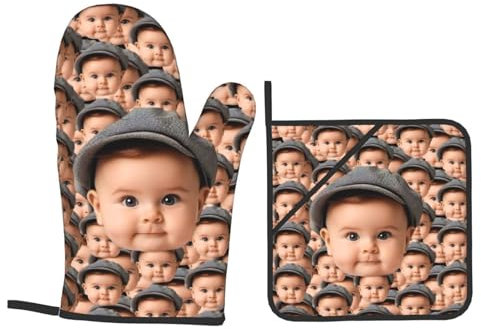 SJHAZSL Set di Guanti da Forno e Presine Personalizzati, Guanti da Forno Resistenti al Calore e Antiscivolo, Guanti Cucina Immagine Testo Personalizzati per Arrostire, Cuocere, Grigliare, Cucinare