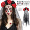 Karneval Haarreif und Schleier Gesichtstattoo, Dia de los Muertos Mexikanische Stirnband Schwarz Rot Blumen Kronen, Tag der Toten Haarschmuck, Karneval Fasching Damen Kostüm Schminke Accessoires