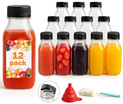 OAMCEG 12 Stück Saftflaschen zum Befüllen – 240ml / 8oz Flaschen zum befüllen mit Deckel, Wiederverwendbare Trinkflasche – Saftflaschen Set für Wasser, Mini-Drinks, Picknick