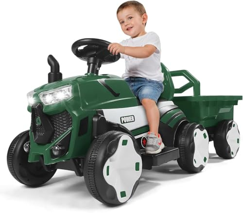 Wisbecost Trattore 6V con rimorchio staccabile,trattore per bambini con luci a LED, musica, clacson e funzioni USB, adatto ai bambini