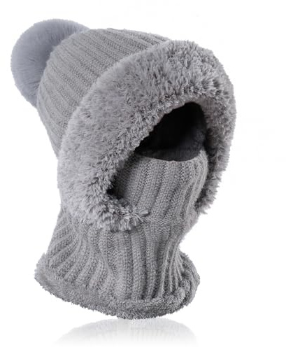 AYPOW Winter Warm Knitted Cap & Neck Warmer Sets for Women, Windproof Flexible Soft Thick Fleece Lined Face Mask Beanie Hat with Hairball, Outdoor Sports Balaclava Ski Mask, Winter Gift