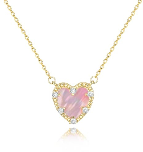 TempBeau Herz Halskette Damen Gold Kette - 14K Vergoldet Halsketten für Frauen, Süßes CZ Herz Perlmutt Schmuck für Mädchen, Damenkette Geschenk für Geburtstag Jahrestag Hochzeit Weihnachten (Rosa)