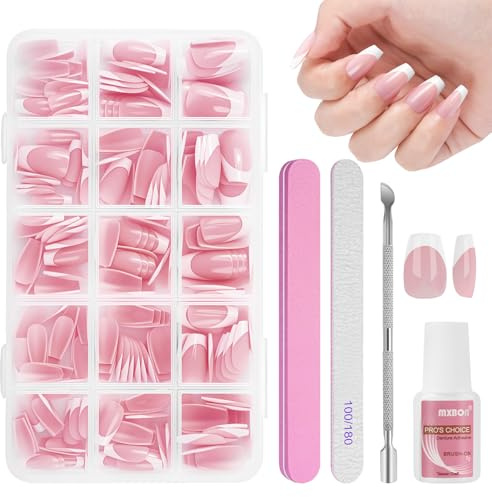 BUTBU 240 Stück Falsche Nägel Tips Set, 15 Größen Französisch falsche nägel Zum Aufkleben, French Press On nail set, Fake nails mit Kleber für Damen Und Frauen (Rosa Kurze Ballerina)