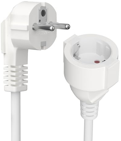 Cavo di prolunga IP20 0,5 m, Cavo di prolunga Schuko angolato a 90° corto, 250 V, 16 A, 3680 W - H05VV-F3G 1,5 mm² Prolunga spina schucko/allungatore, femmina a maschio bianco