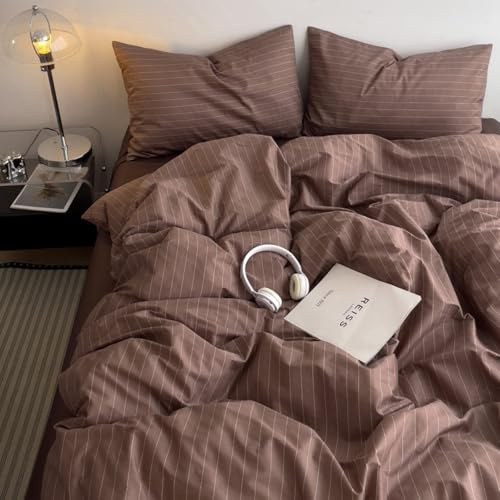 Freyamy Gestreifte Bettwäsche 135x200 Braun Weiß Gestreift Bettwäsche Set | Aesthetic Wendebettwäsche Streifen, 2teilig, Microfaser ÖKO-TEX Bettbezug mit Reißverschluss und 1 Kissenbezug 80x80cm