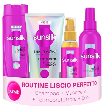 Sunsilk Kit Liscio Perfetto Set 4 Prodotti Capelli Lisci Anticrespo | Shampoo 250ml + 1 Minute WOW 180ml + Spray Termoprotettore 200ml + Olio Styling 75ml, Protezione Calore da Phon e Piastra