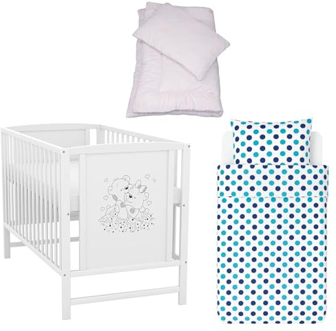 Generisch Baby-Delux Babybett 60x120 cm Mia Kinderbett Komplett Set weiß Matratze Bettwäsche (Punkte türkis blau)