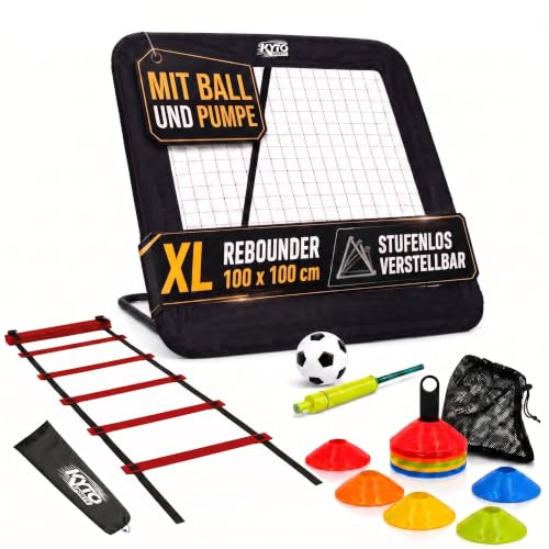 Kyto Fußball Rebounder XL 100x100 cm – Winkelverstellbar mit Ball & Pumpe | Rückprallwand für Fußball & Handball – stufenlose Neigung, Erdanker, Gummischoner, sofort einsatzbereit, verschiedene Sets