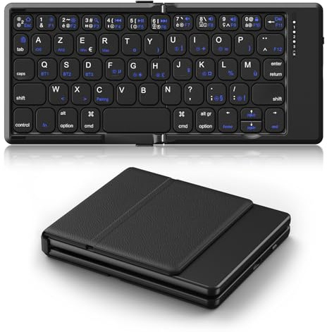 TiMOVO Clavier Bluetooth Pliable AZERTY Français, Mini Format sans Fil | Ultra-Mince Rechargeable en Cuir PU, Ultra-Compact pour iPad, iPhone, Surface Pro, Smartphone, Tablette & PC - Noir