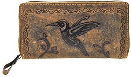Jockey Club große echt Leder Damen Reißverschluss Geldbörse mit RFID Schutz lang Kolibri naturbelassenes Büffelleder Cognac braun