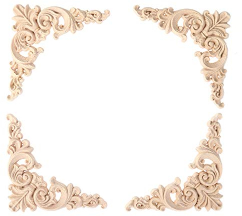 VORCOOL 4 stücke Massivholz Geschnitzte Ecke Onlay Möbel Einrichtungsgegenstände Unlackiert Applique Rahmen Dekoration 10x10 cm (C-073)