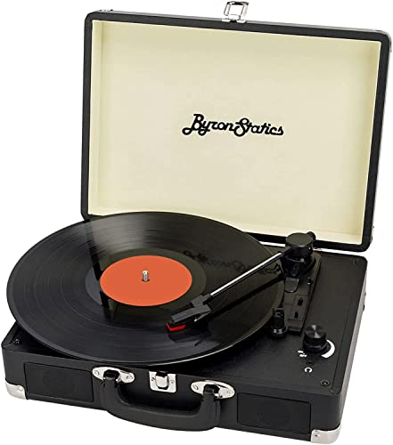 ByronStatics Giradischi in Vinile - Giradischi a 3 velocità, con altoparlanti incorporati, ago di ricambio, uscita linea RCA, ingresso AUX, jack per cuffie, valigia portatile vintage - Nero