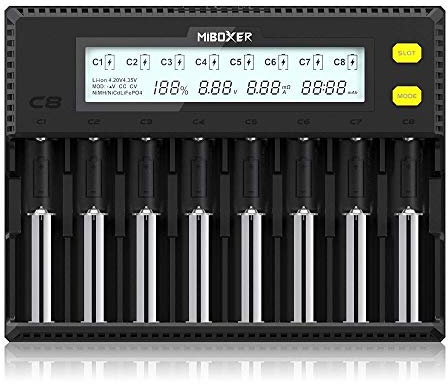 18650 Battery Charger,MiBOXER 8-Bay Smart Charger with Automatic LCD Display,Fast Charge Rechargeable Li-ion LiFePO4 Ni-MH Ni-Cd AA AAA C 21700 26650 13650 16340 18350 18700 RCR123