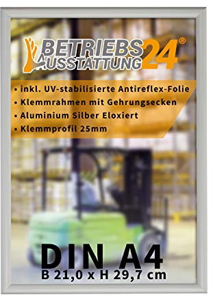 Betriebsausstattung24 Plakatrahmen mit Klemmrahmen - Alu Klapprahmen - 25mm Aluminium Profil - inkl. entspiegelter Schutzfolie Ecken auf Gehrung, DIN A4 HxB 29,7x21,0 cm