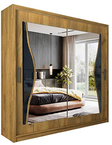 Modern Bedroom Double Mirror Door Sliding Wardrobe BATUMI 4 Colors - 1 Led Light (Oak Sonoma, 203cm)