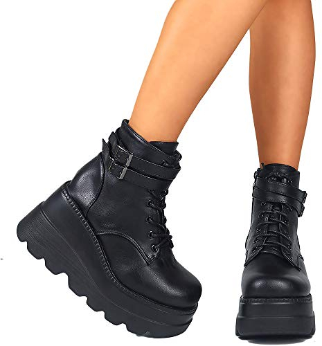 CTEJ Stivaletti Donna Zeppa Alta Caviglia Stivali Plateau Tacco Alto con Stringate Cerniera Laterale Pizzo Fibbia Taglia 35-43,01,38