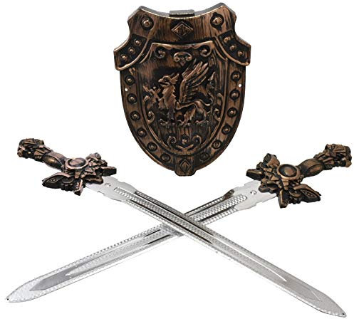 Carousel Toys and Gifts Kids Twin Sword Shield Battle Pack Toy | Children's Medieval Knight Costume Fancy Dress | Play Sword Shield Set Role Playing - Bronze