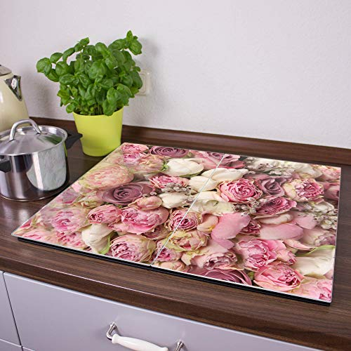 banjado® Herdabdeckplatte Glas 2-teilig 60x52 cm/Schneidebrett Herdabdeckung mit Motiv Strauss Rosen/Herdabdeckplatten Ceranfeld 2teilig / Schneidebrett Glas individuell einsetzbar