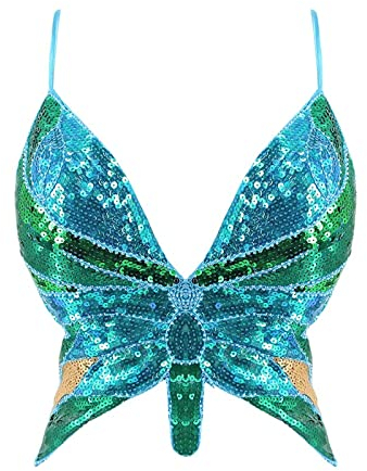 WanWorlder Damen Bauchtanz Kostüm BH Oberteil mit Pailletten Perlen Schmetterling Träger Top Halfter Crop Top Belly Dance Tanzkleidung (Blau C, Freesize)