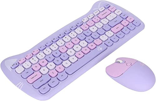 ASHATA Kabellose 2,4G Tastatur Maus Kombination, Ergonomische Retro Tastatur in Niedlicher Katzenform für Computer PC Laptops, Low Power Technologie, Mattierter Prozess(Lila Melange)