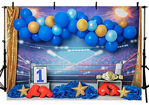 Boxing Theme Boy 1st Birthday Party Backdrop Boxing Ring Red Boxing Glove Blue Balloons Baby Shower Backdrop Sports Rodeo Party Background Newborn Baby Shower Cake Table Decor Vinyl 7x5ft(Blue)…