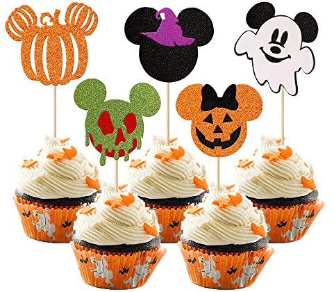 Rsstarxi 30 Pack Halloween Cupcake Toppers Glitter Minnie Mouse Inspired Halloween Pumpkin Ghost Cupcake Picks for Halloween Theme Baby Shower Kids Birthday Party Cake Decorations Supplies