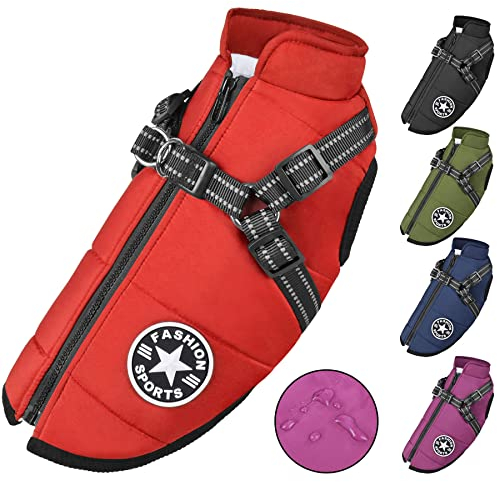Hundejacke mit Geschirr, Wasserdichter Warmer Hund Wintermantel für Kleine Mittel Große Hunde, Hundemantel für Labrador Chihuahua Französische Bulldogge, XXL
