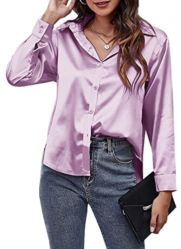 Panegy Camicia da donna in raso a maniche lunghe camicette Botton Down Top da lavoro in seta come camicie da ufficio per signore, Viola, M