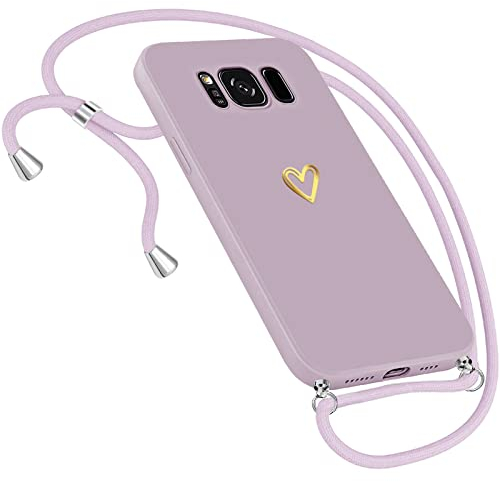 Handykette Hülle für Samsung Galaxy S8 Hülle mit Band Necklace, Herz Motiv Muster Handyhülle für Samsung Galaxy S8 Hülle mit Kette mit Kordel zum Umhänge Band Ultra dünn Samsung S8 Hülle (Lila)